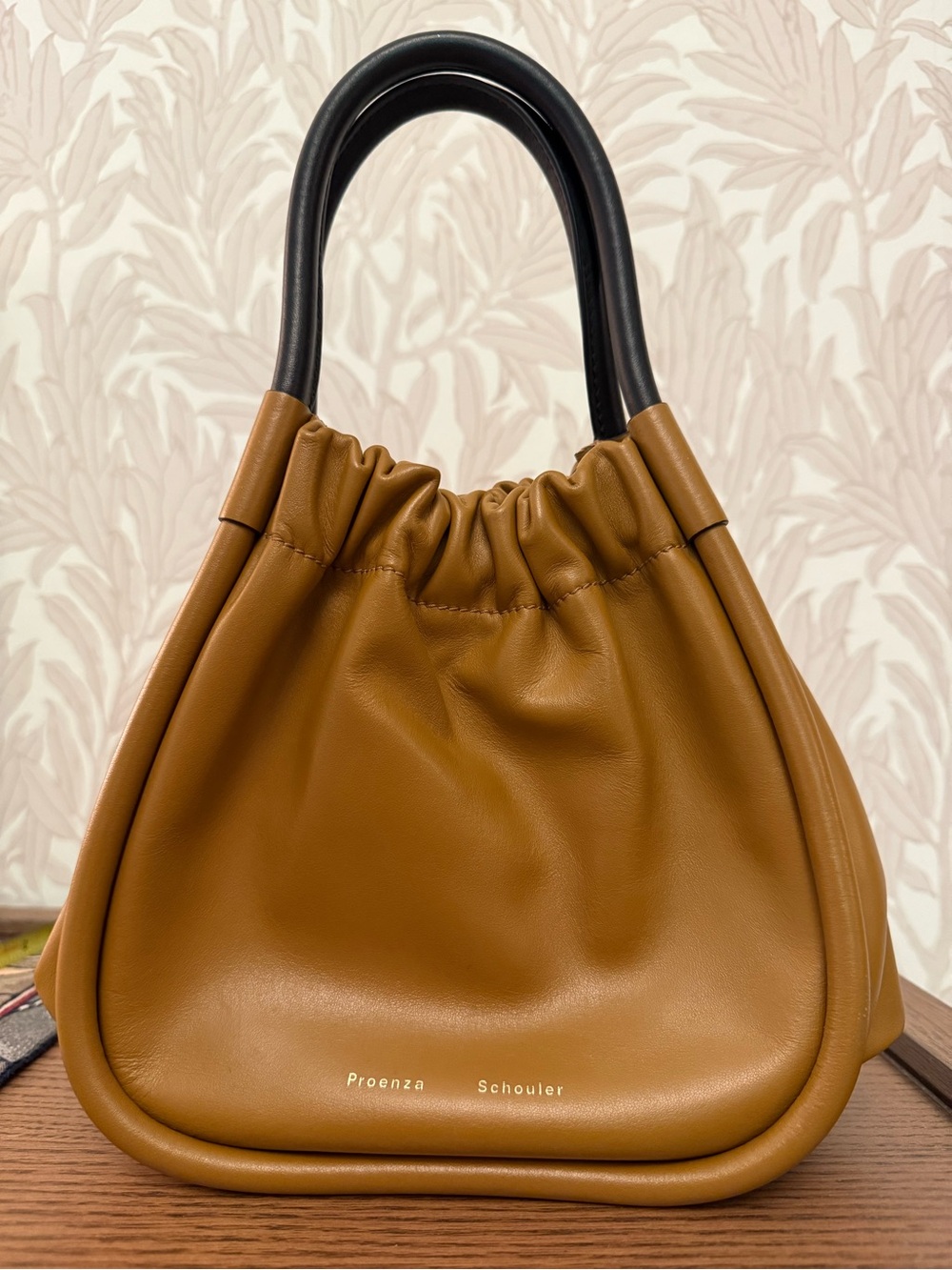 Proenza Schouler Tan Leather Small Rouched Bag with Black Handles